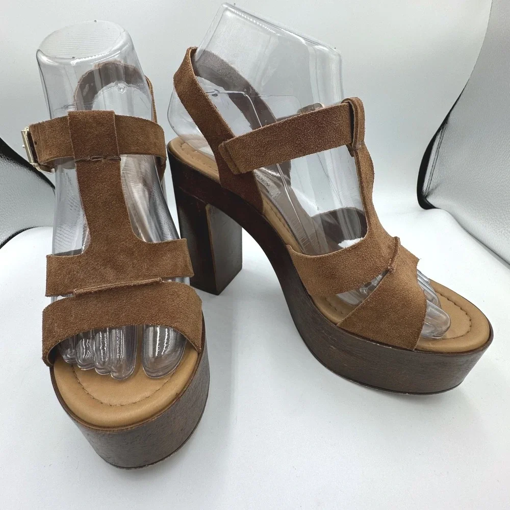 Steve Madden Lucille 70s Retro Brown Suede Platform Sandals Wood Block Heel US 8
